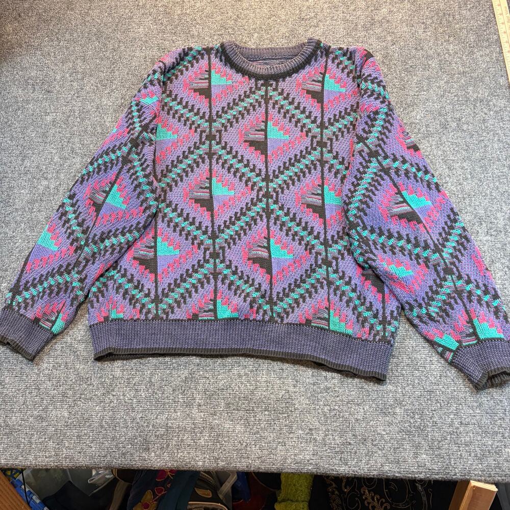 Vintage 80s Geometric Aztec Knit Pullover Sweater Mens XL Purple Colorful Retro